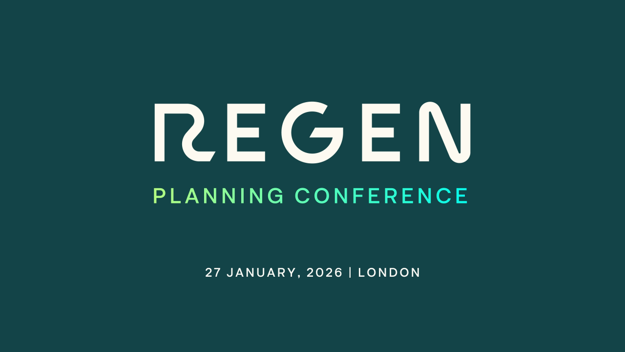 A poster for the "REGEN Planning Conference." The main title, REGEN, is large and white. Below it, PLANNING CONFERENCE is in smaller text with a green to blue gradient. The date and location, 27 JANUARY, 2026 | LONDON, are centered at the bottom in white. The background is a solid, dark teal color.