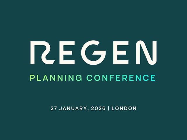 A poster for the "REGEN Planning Conference." The main title, REGEN, is large and white. Below it, PLANNING CONFERENCE is in smaller text with a green to blue gradient. The date and location, 27 JANUARY, 2026 | LONDON, are centered at the bottom in white. The background is a solid, dark teal color.