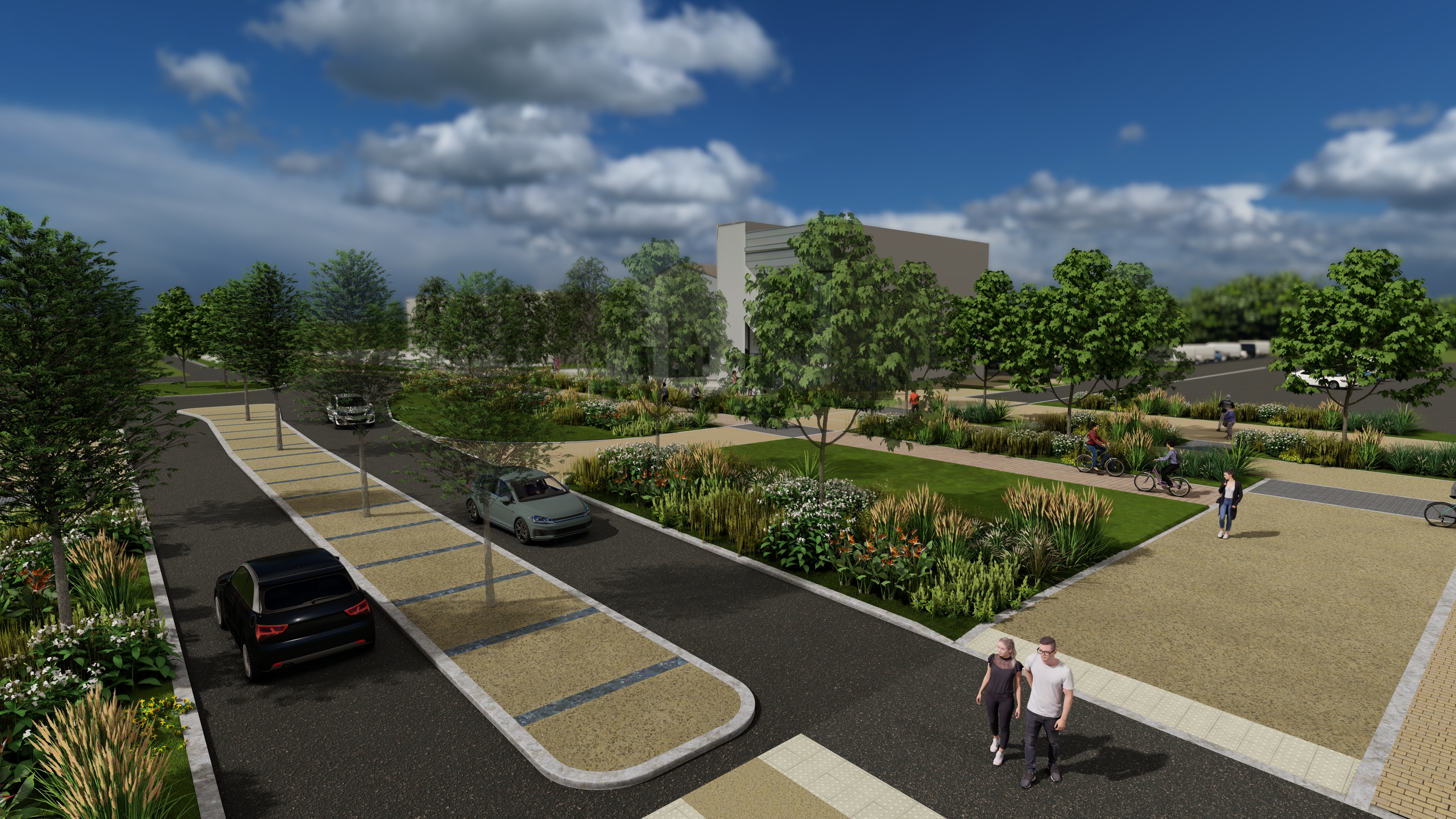 A graphic of streets with street planting and blue skies