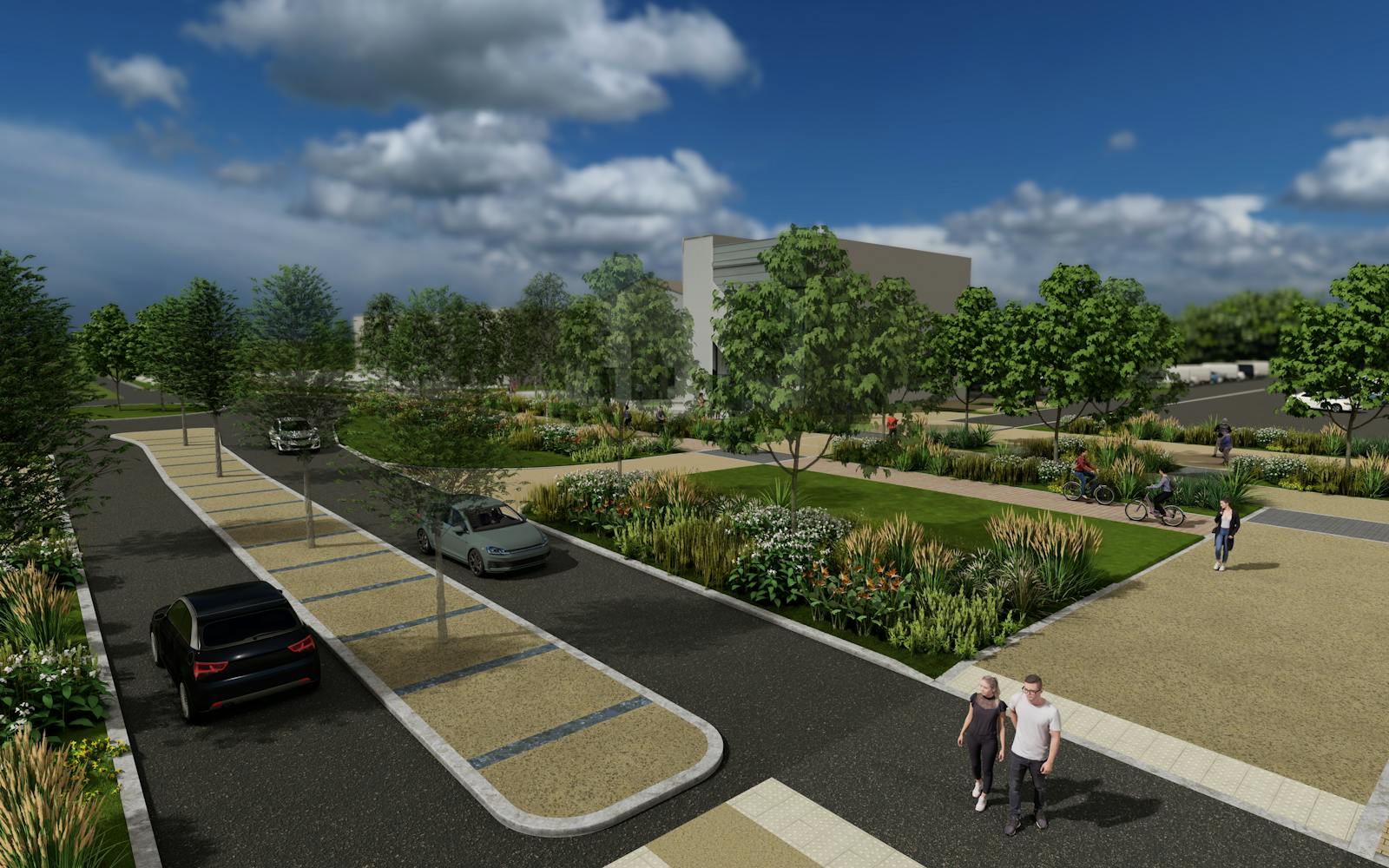 A graphic of streets with street planting and blue skies