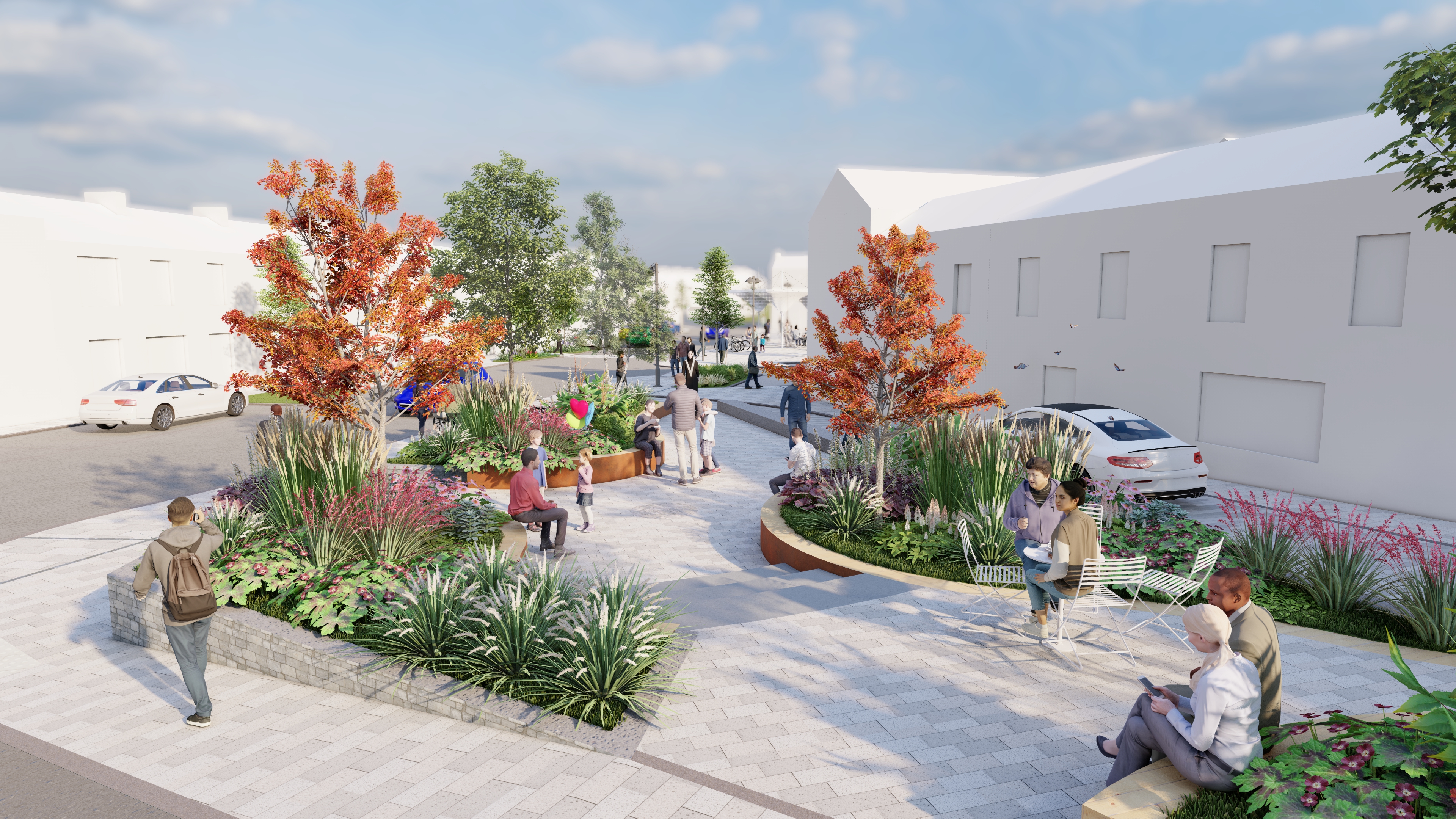 A graphic of streets with vibrant planting and people sitting and walking