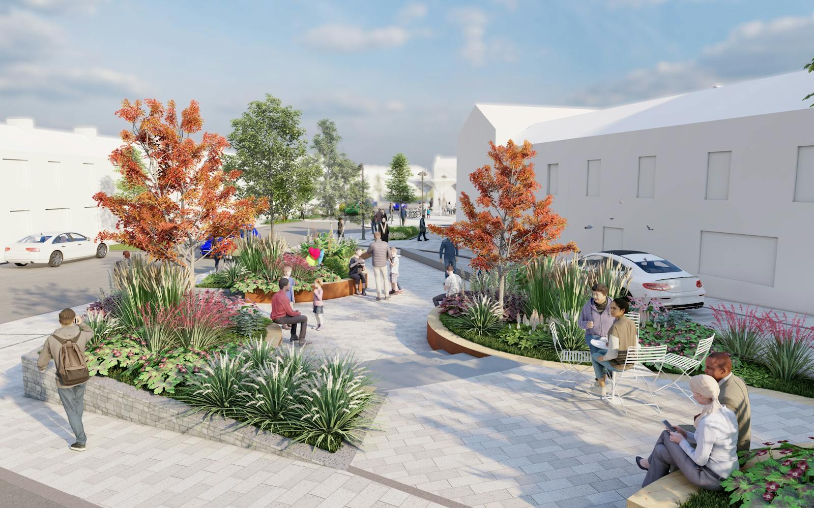 A graphic of streets with vibrant planting and people sitting and walking