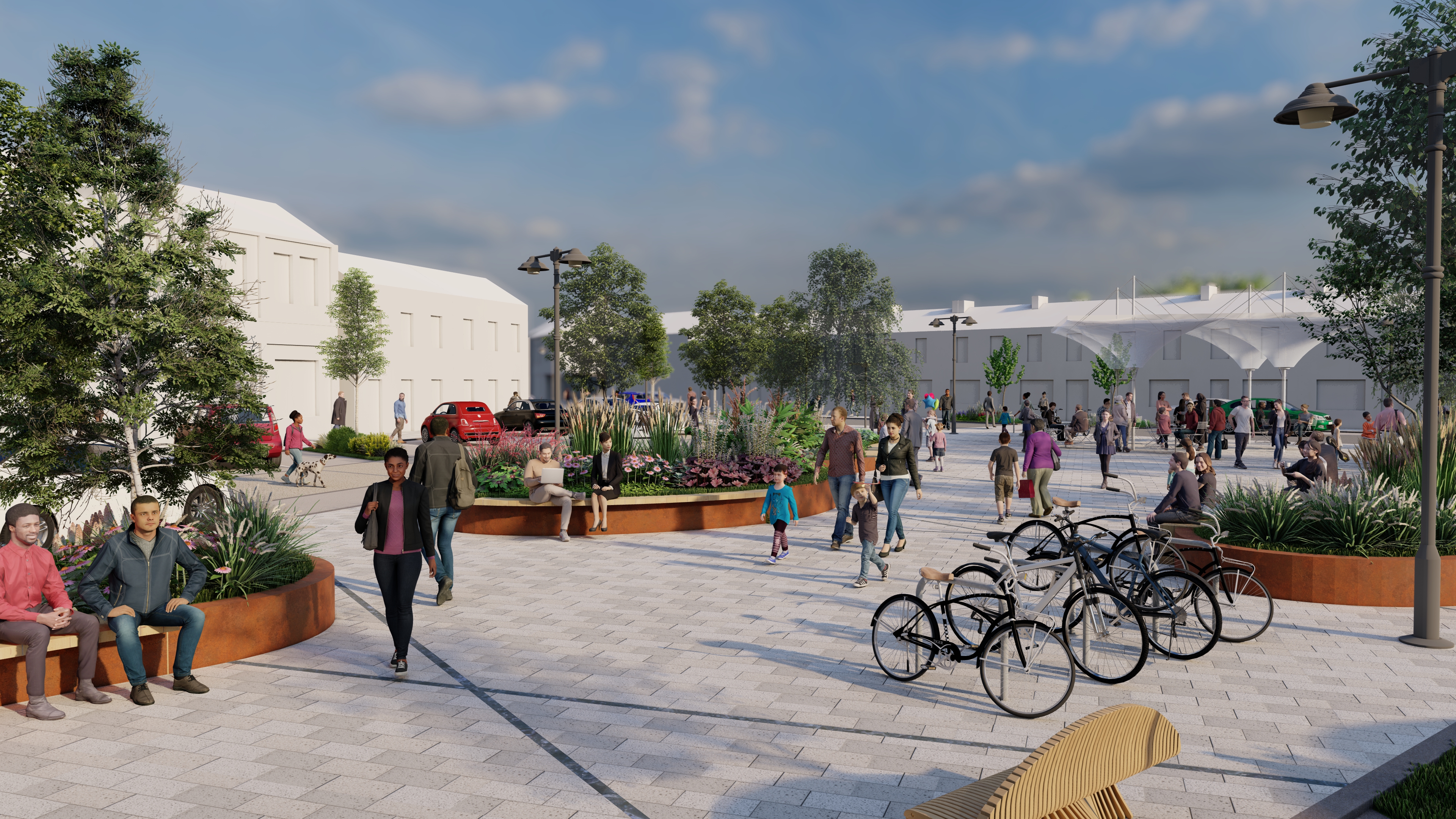 A graphic of a street with planting, pedestrians and bikes