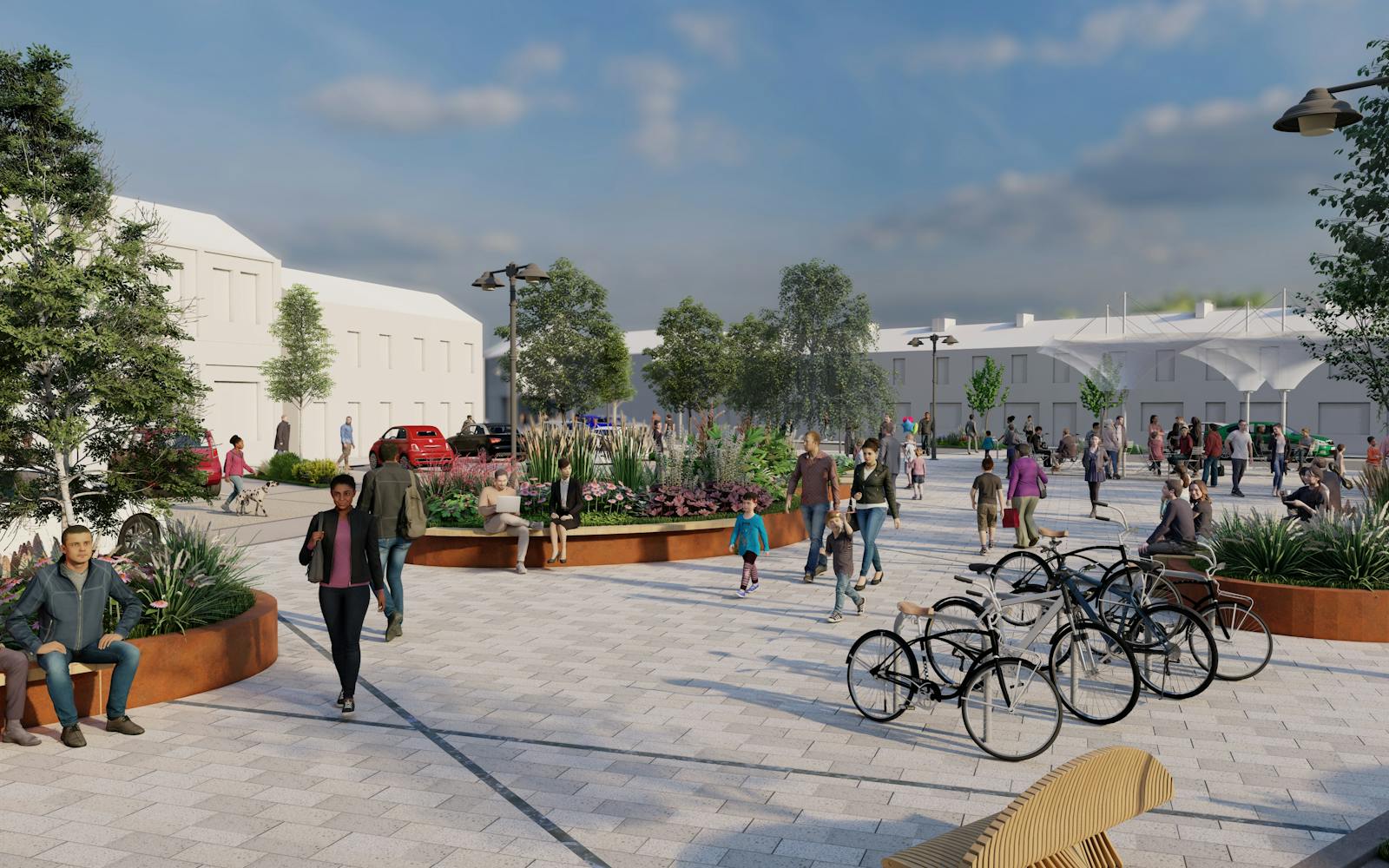 A graphic of a street with planting, pedestrians and bikes