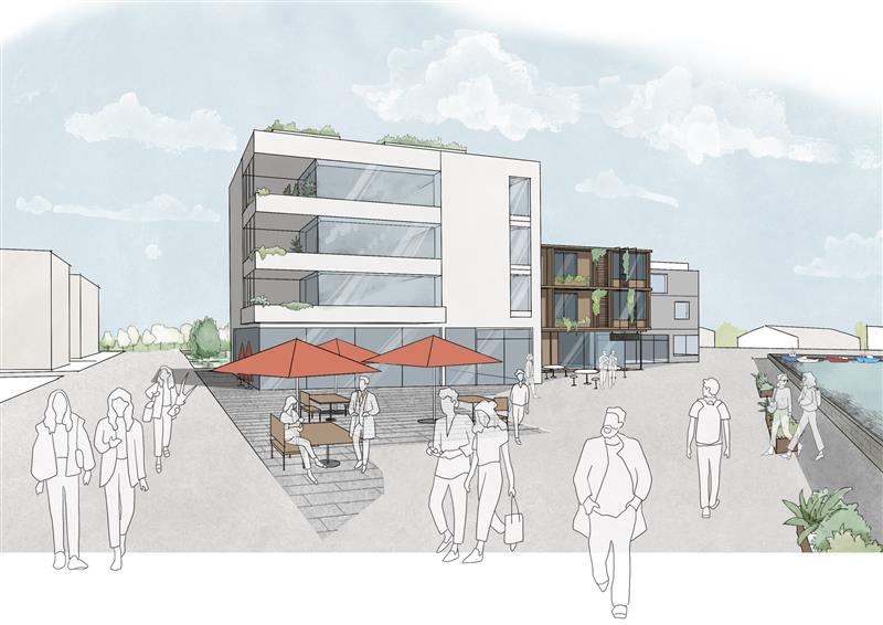 A graphic of a street with pedestrians and a building in the background