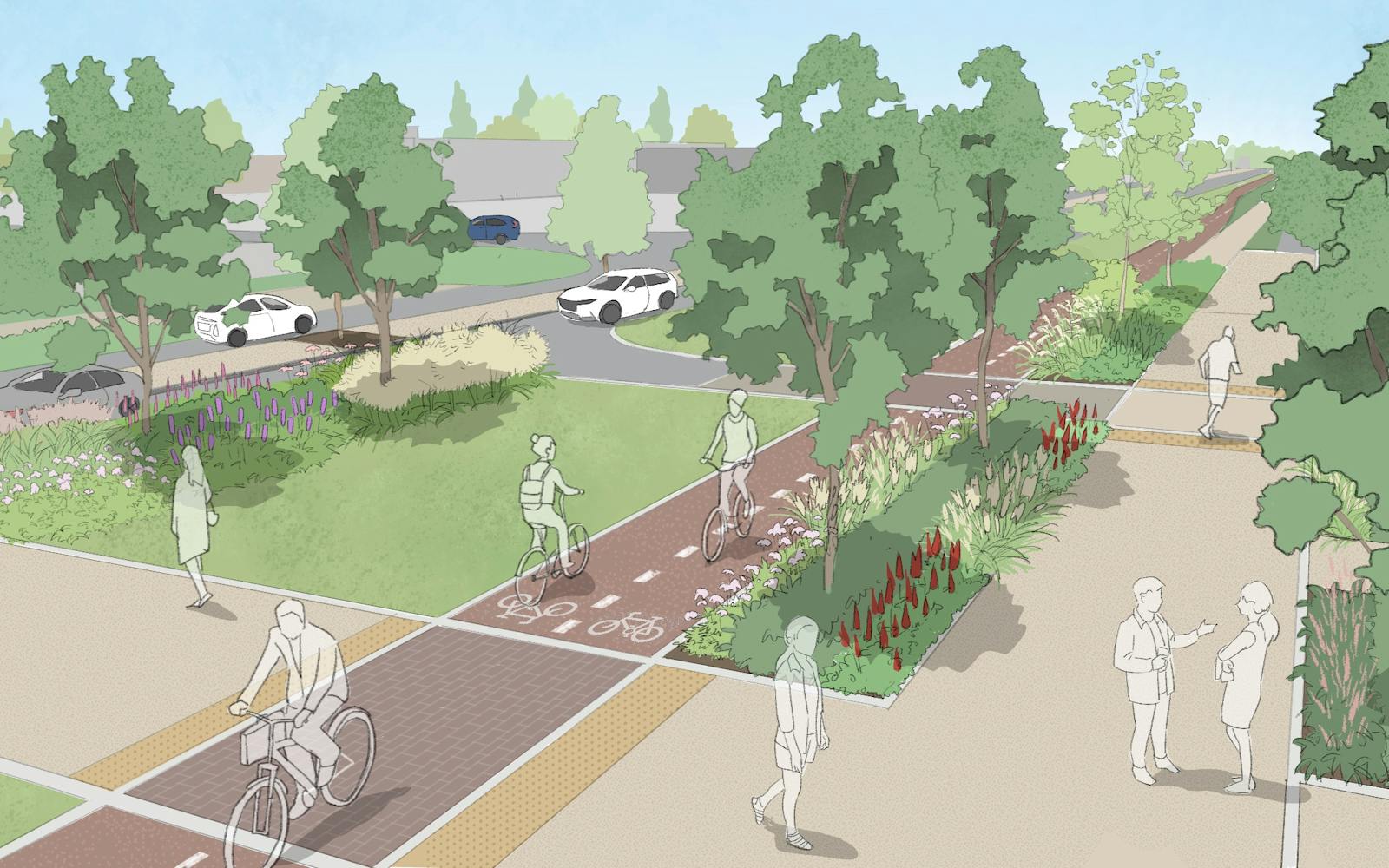 A graphic of a linear park next to streets, green spaces and pedestrians