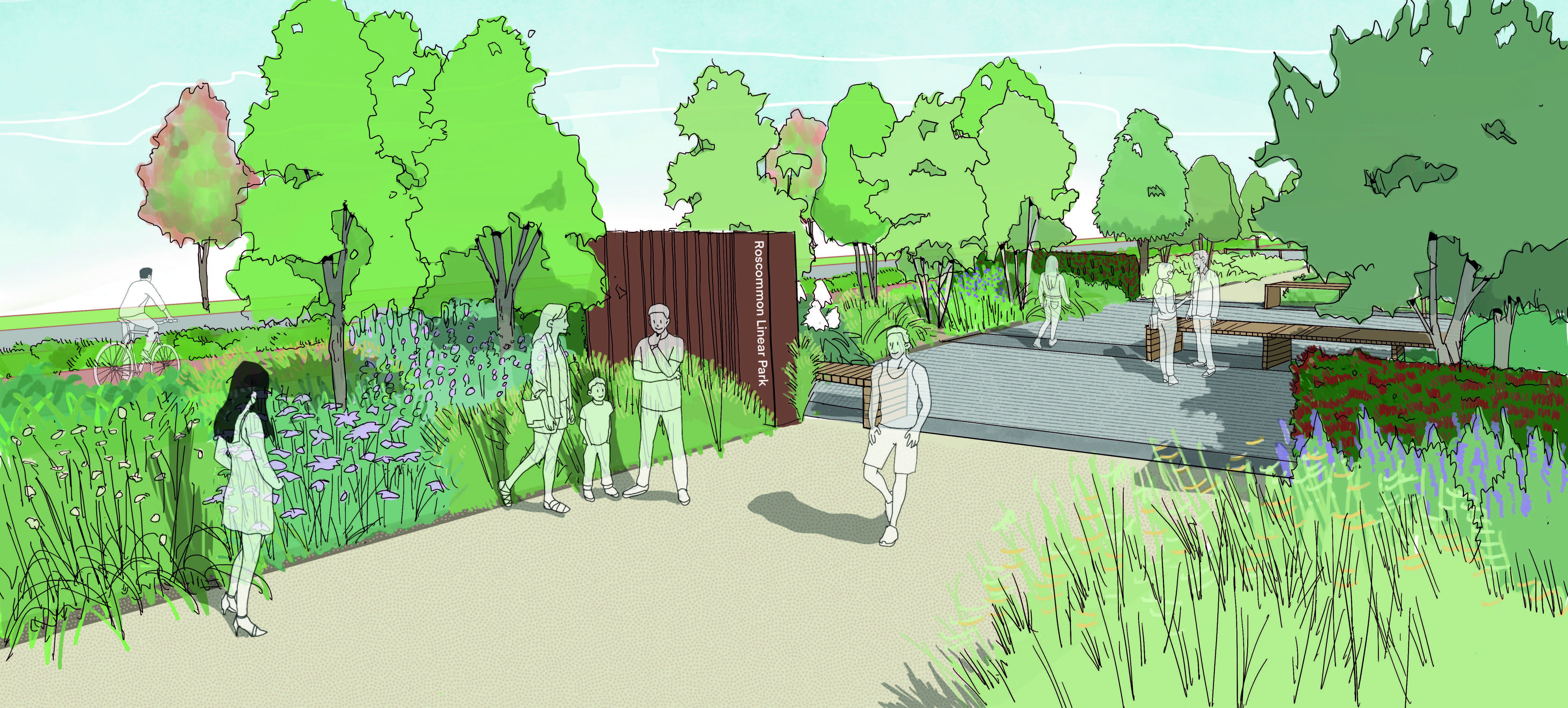 A graphic of a street with lots of trees and plants and pedestrians