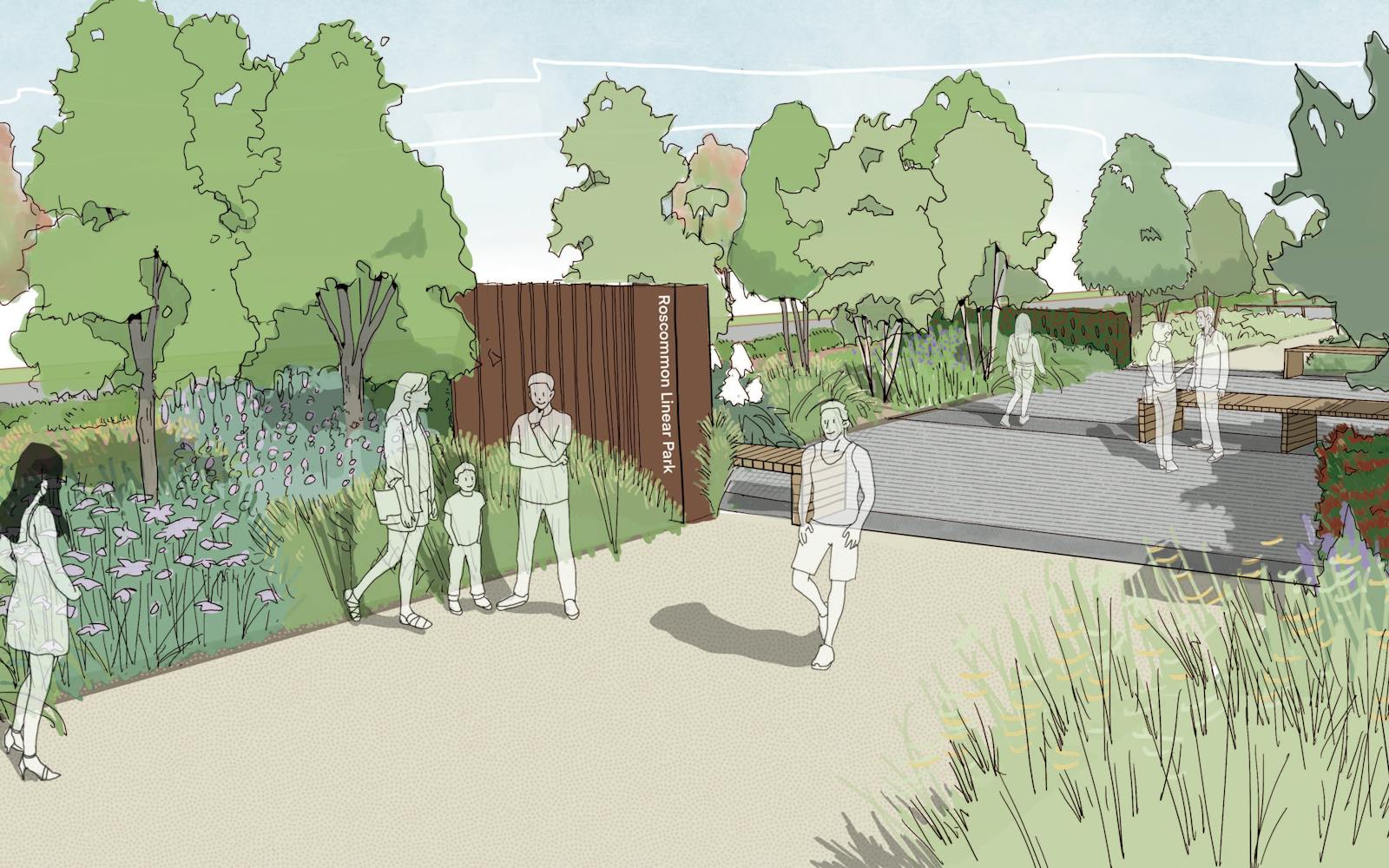 A graphic of a street with lots of trees and plants and pedestrians