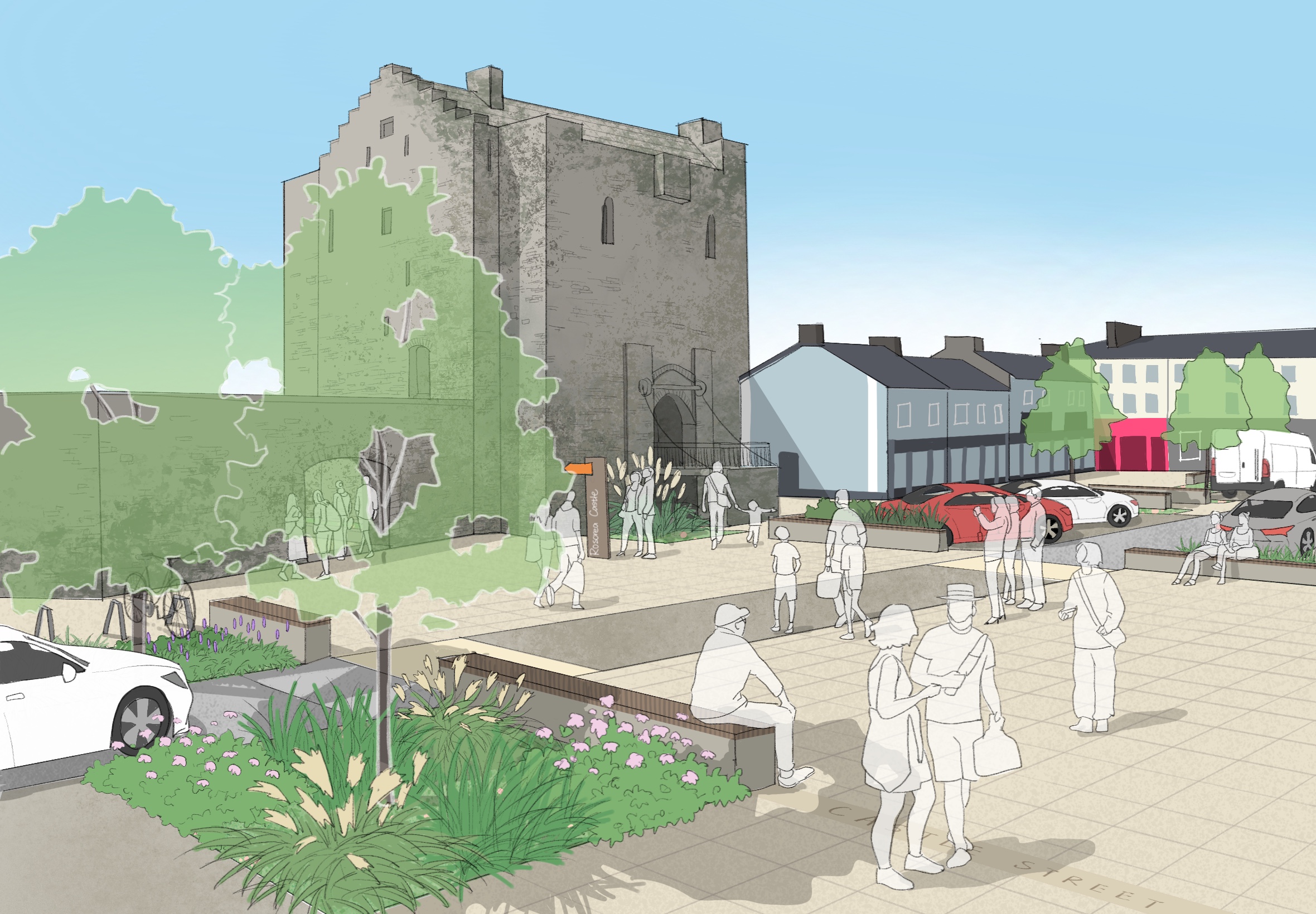 A graphic of a street with planting and a castle structure 