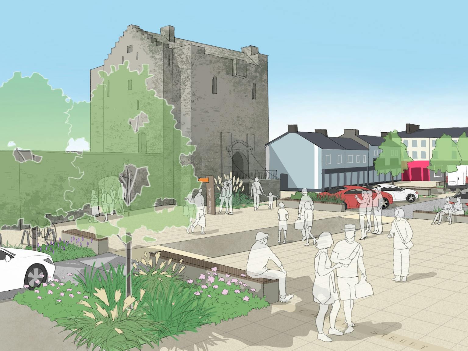A graphic of a street with planting and a castle structure