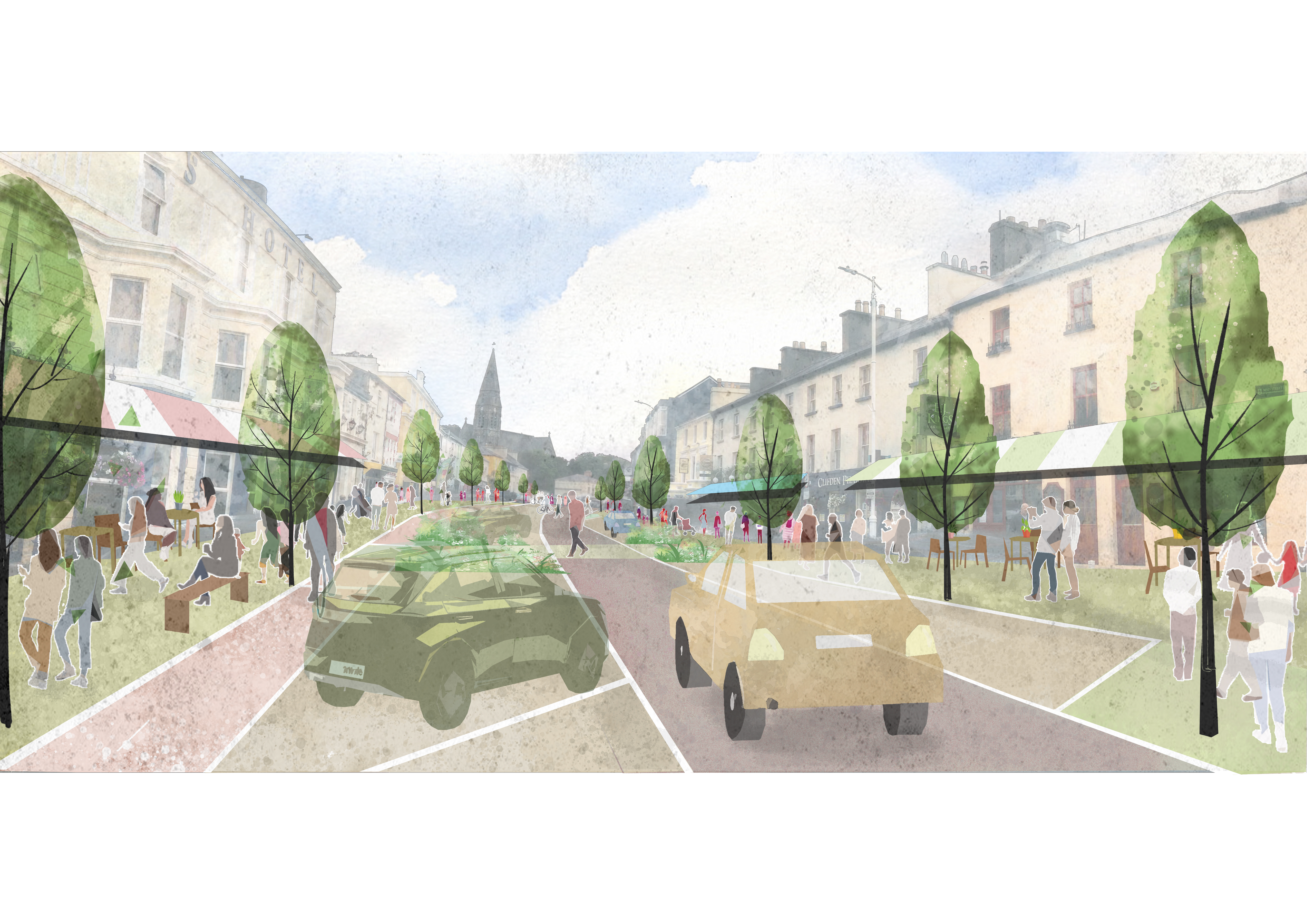 A graphic of town streets with trees and pedestrians