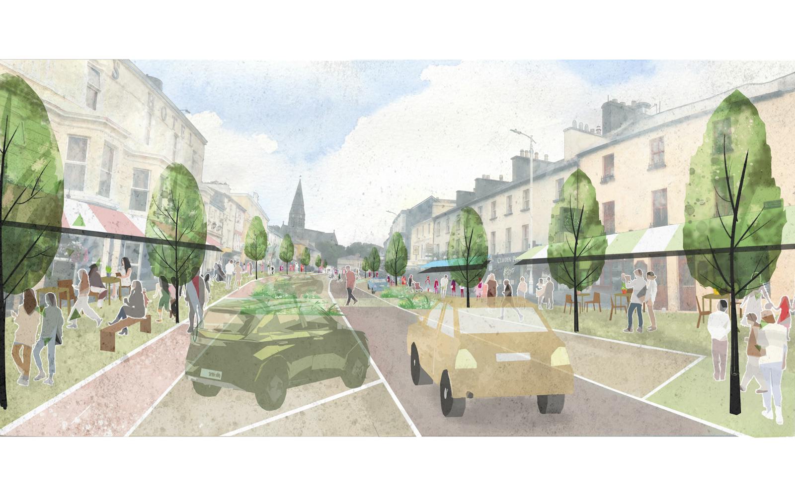 A graphic of town streets with trees and pedestrians