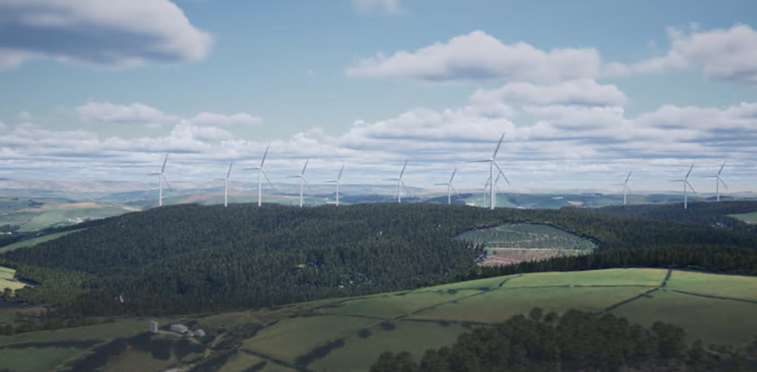 A row of white wind turbines stands along the crest of a densely forested hill, overlooking rolling green fields and valleys under a cloudy sky.