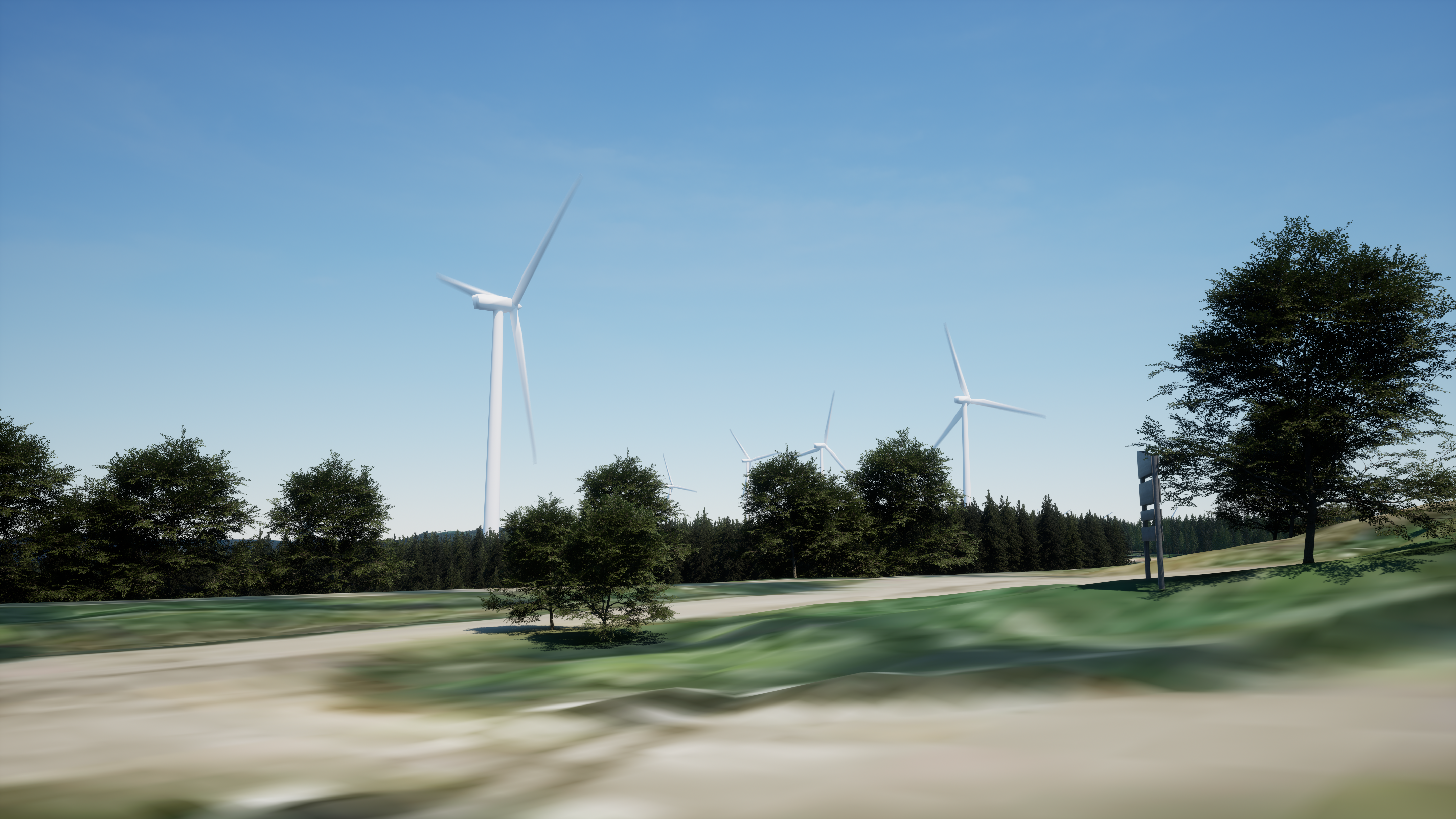 A CGI rendering of several white wind turbines standing on a rolling green hillside under a clear blue sky, with a line of trees in the midground.