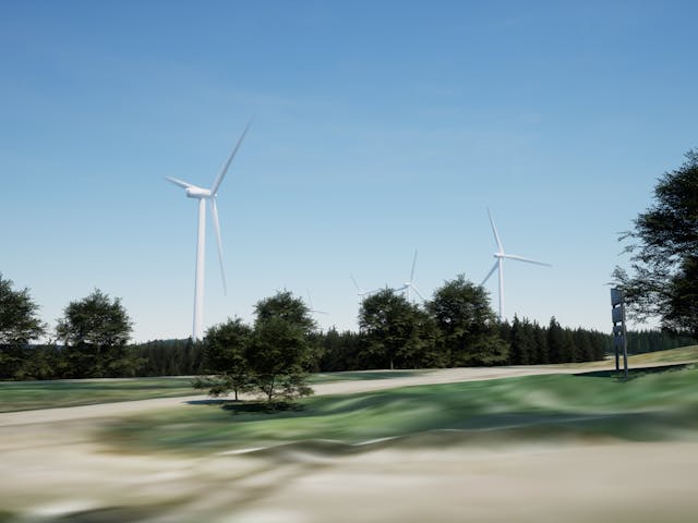 A CGI rendering of several white wind turbines standing on a rolling green hillside under a clear blue sky, with a line of trees in the midground.