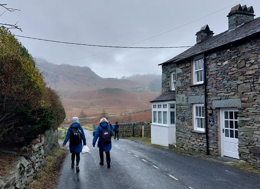 People walking down road next to a house with a mountain in the distance