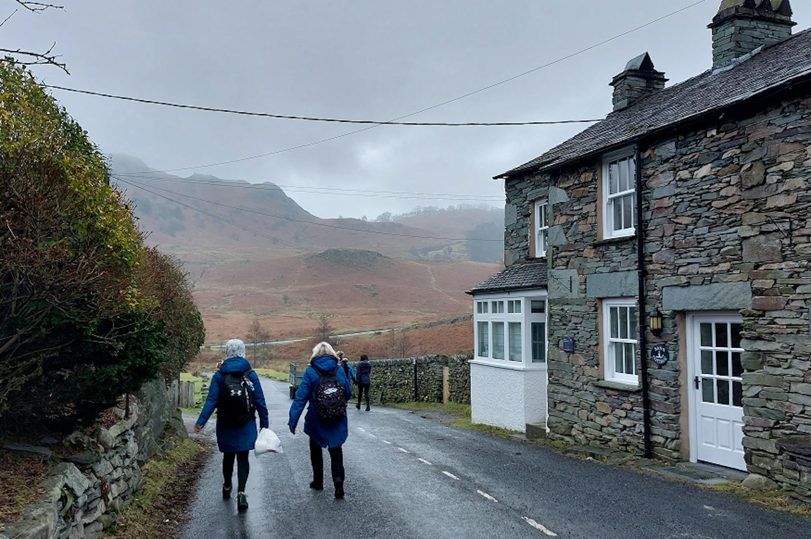 People walking down road next to a house with a mountain in the distance
