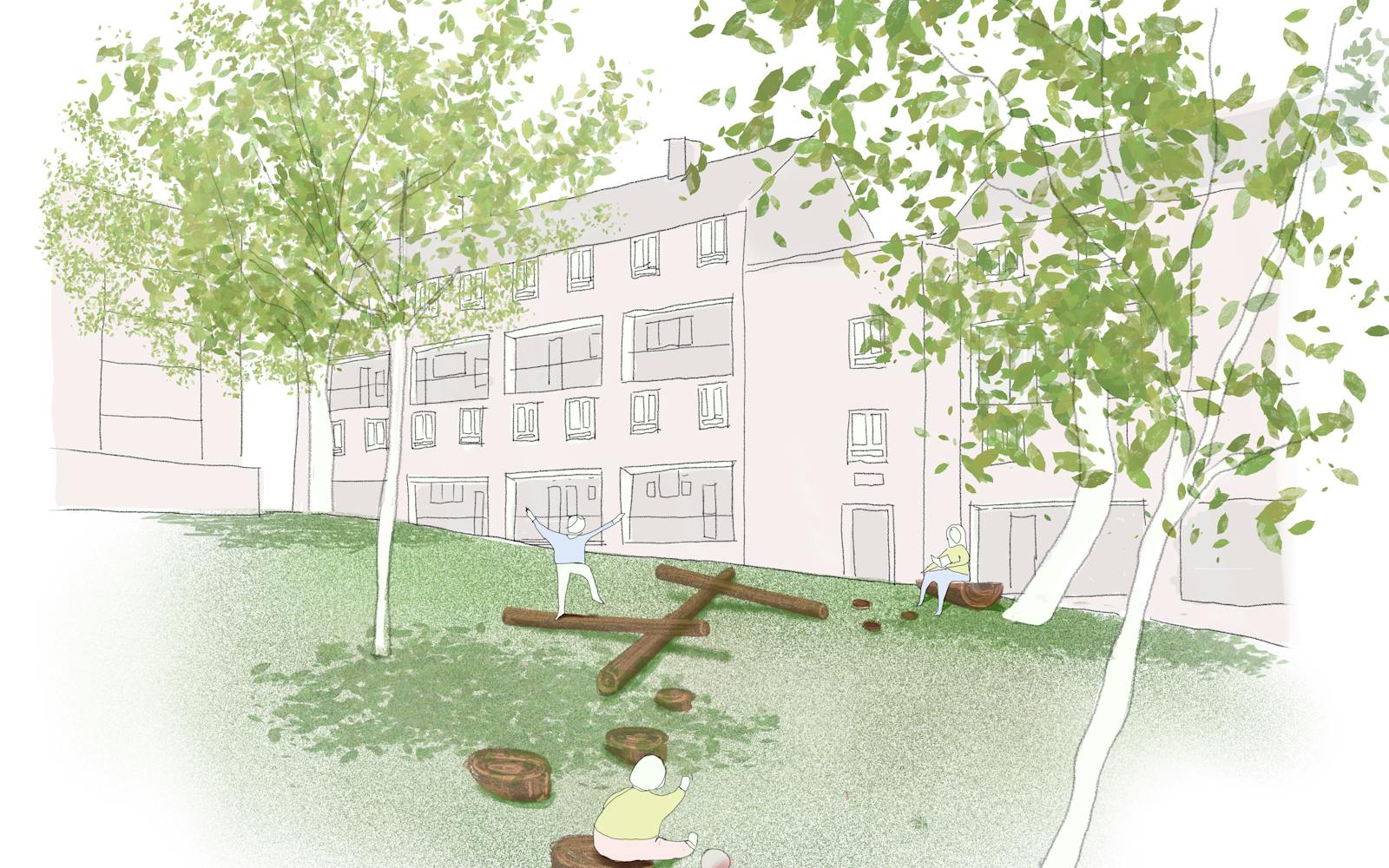An artist's rendering of a play structure surrounded by trees