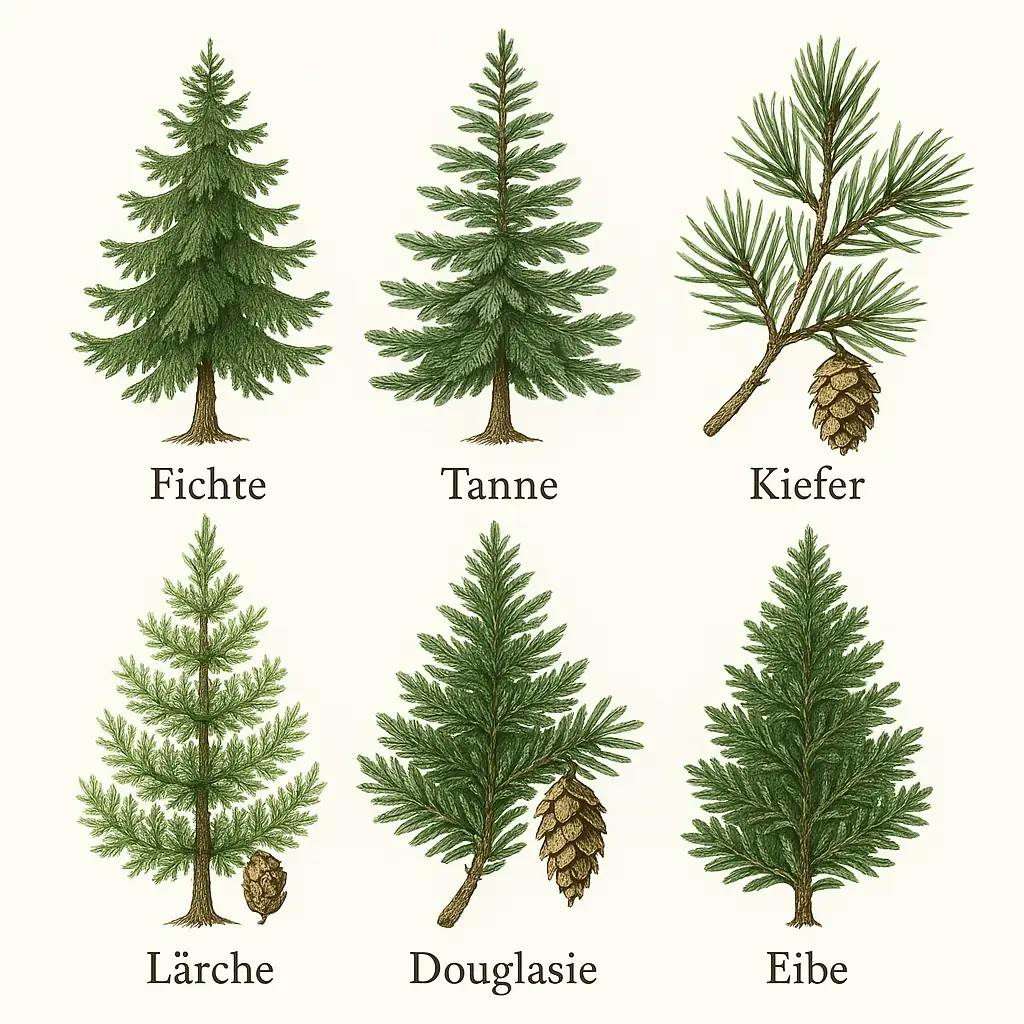 Illustrative Infografik heimischer Nadelbäume (Fichte, Tanne, Kiefer, Lärche, Douglasie, Eibe) mit charakteristischen Merkmalen wie Nadeln, Zapfen und Rinde.