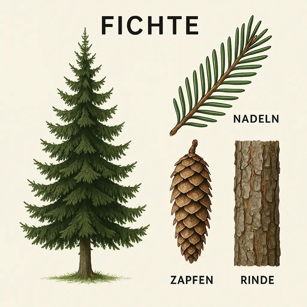 Illustration einer Fichte mit typischer, spitz zulaufender Form, hängenden Zapfen und nadelbedeckten Zweigen.