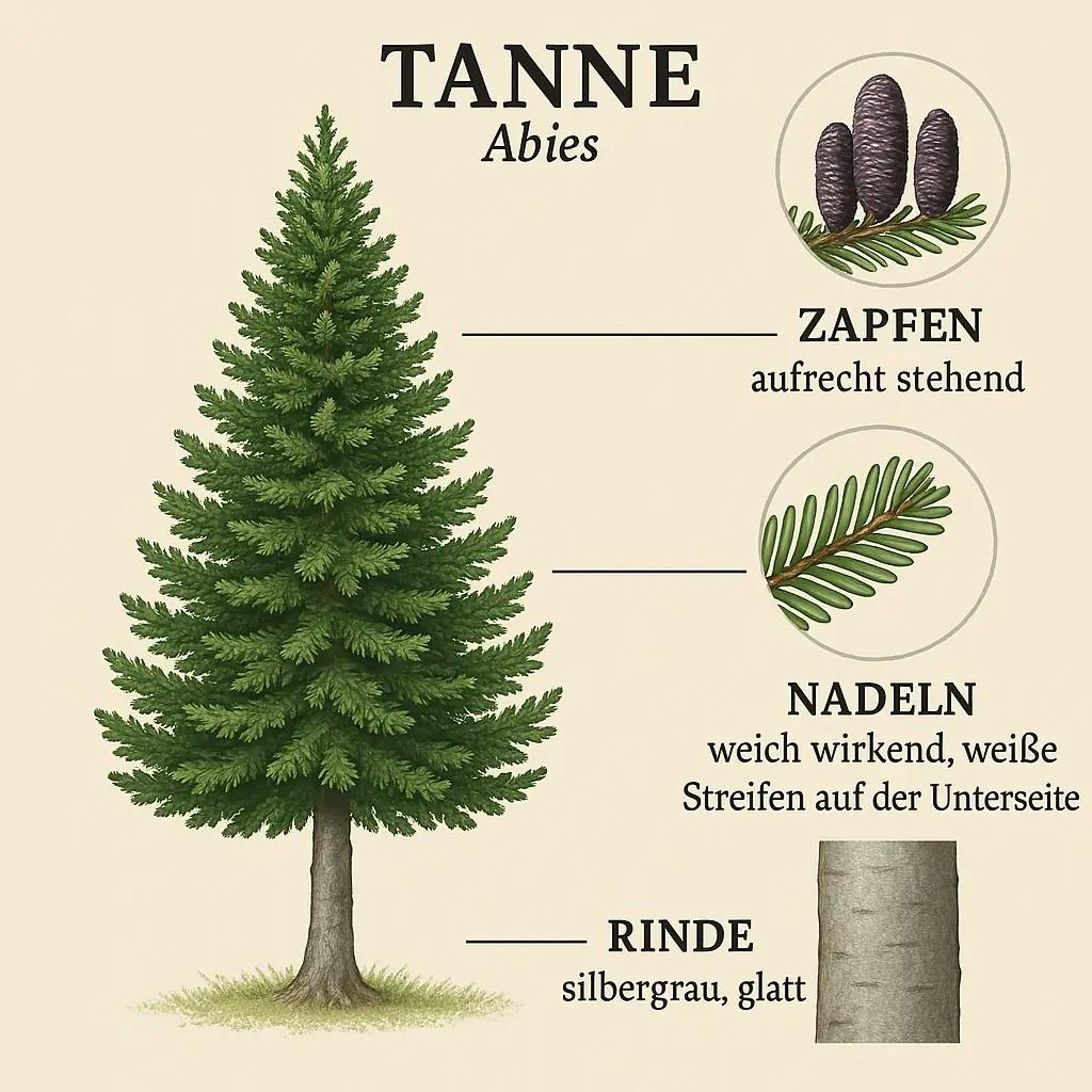 Illustration einer Tanne mit symmetrischer, kegelförmiger Silhouette, aufrecht stehenden Zapfen und glatter, silbergrauer Rinde.