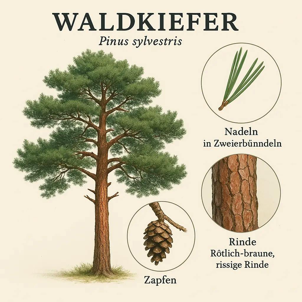 Illustration einer Kiefer mit paarweise angeordneten Nadeln, rötlich-brauner, rissiger Rinde und kleinen Zapfen.
