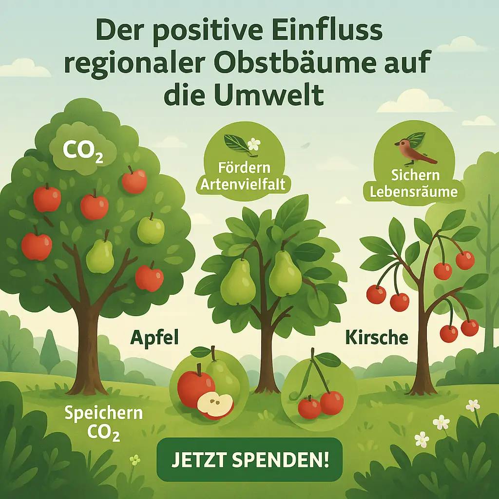 Freundliche, illustrative Darstellung heimischer Obstsorten wie Apfel, Birne und Kirsche mit Call-to-Action-Element ‚Jetzt spenden‘ zur Förderung regionaler Baumpflanzprojekte.