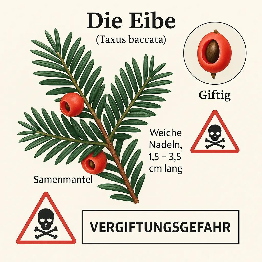 Illustration der Eibe mit dunkelgrünen Nadeln und auffälligen roten, giftigen Samenmänteln zur Warnung.