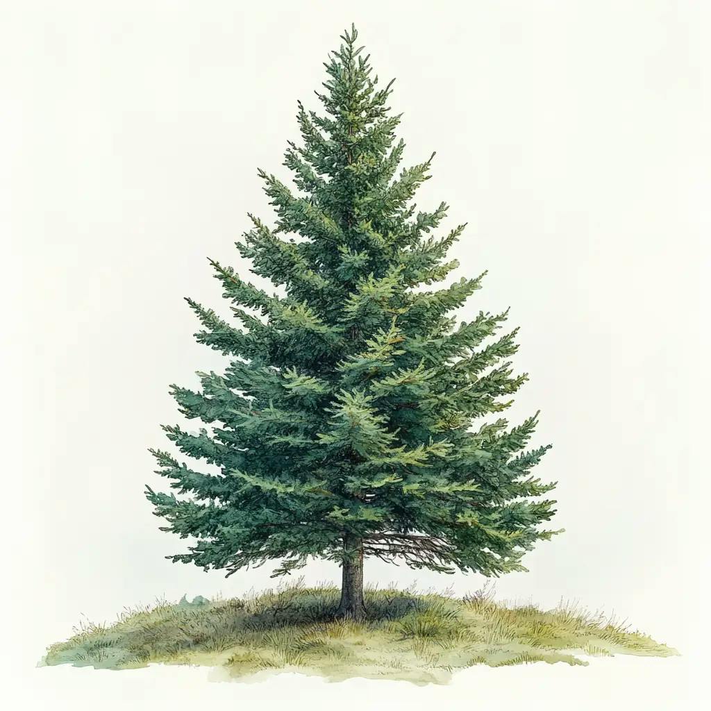 Botanische Illustration einer einzelnen Tanne im Winter. Der Baum ist detailreich in Aquarell dargestellt, zeigt die typische pyramidenförmige Wuchsform und feine Nadelstruktur.