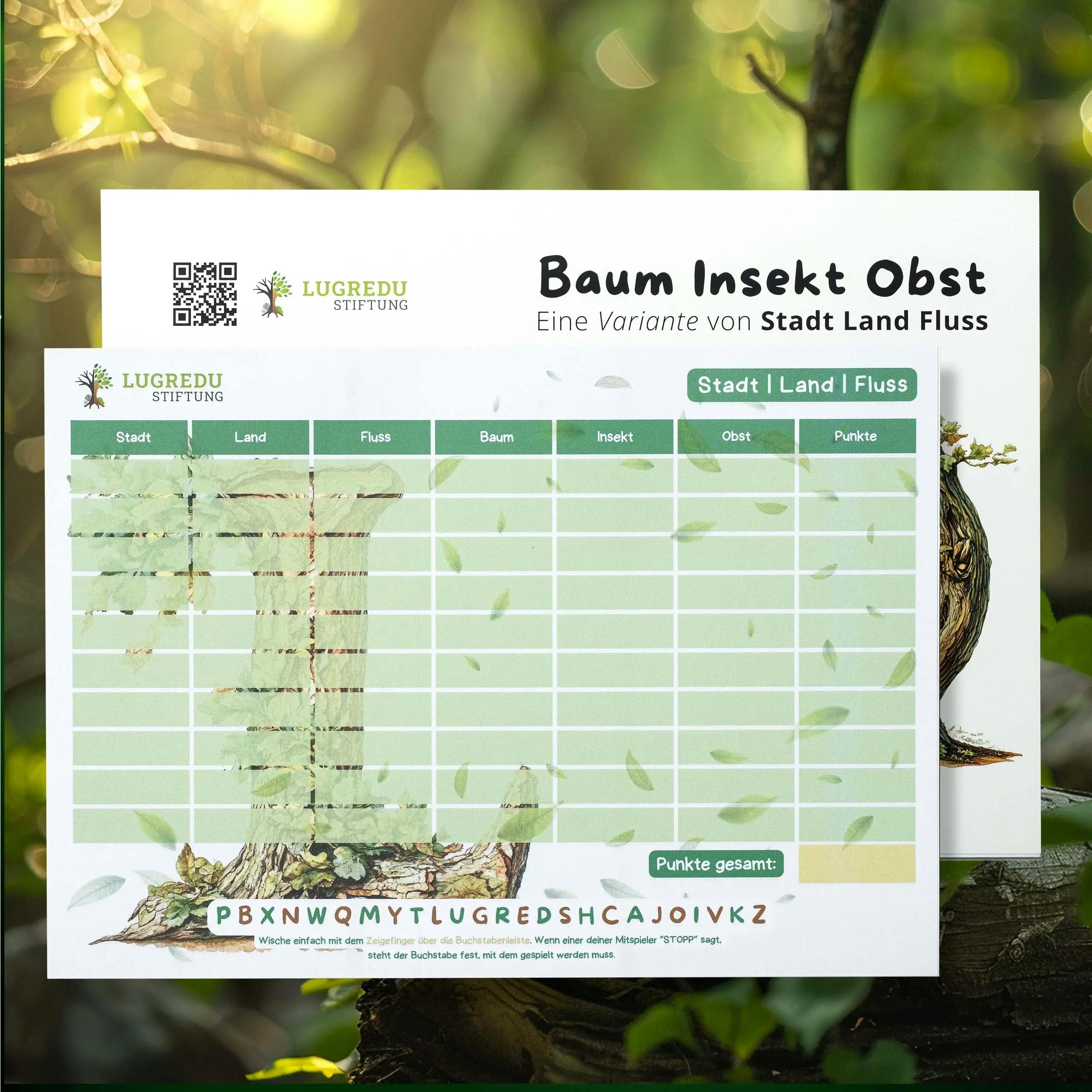 Spielzettel des LUGREDU BIO-Spiels mit Kategorientabelle für Stadt, Land, Fluss, Baum, Insekt und Obst, eingebettet in naturinspiriertes Design mit Buchstabenleiste