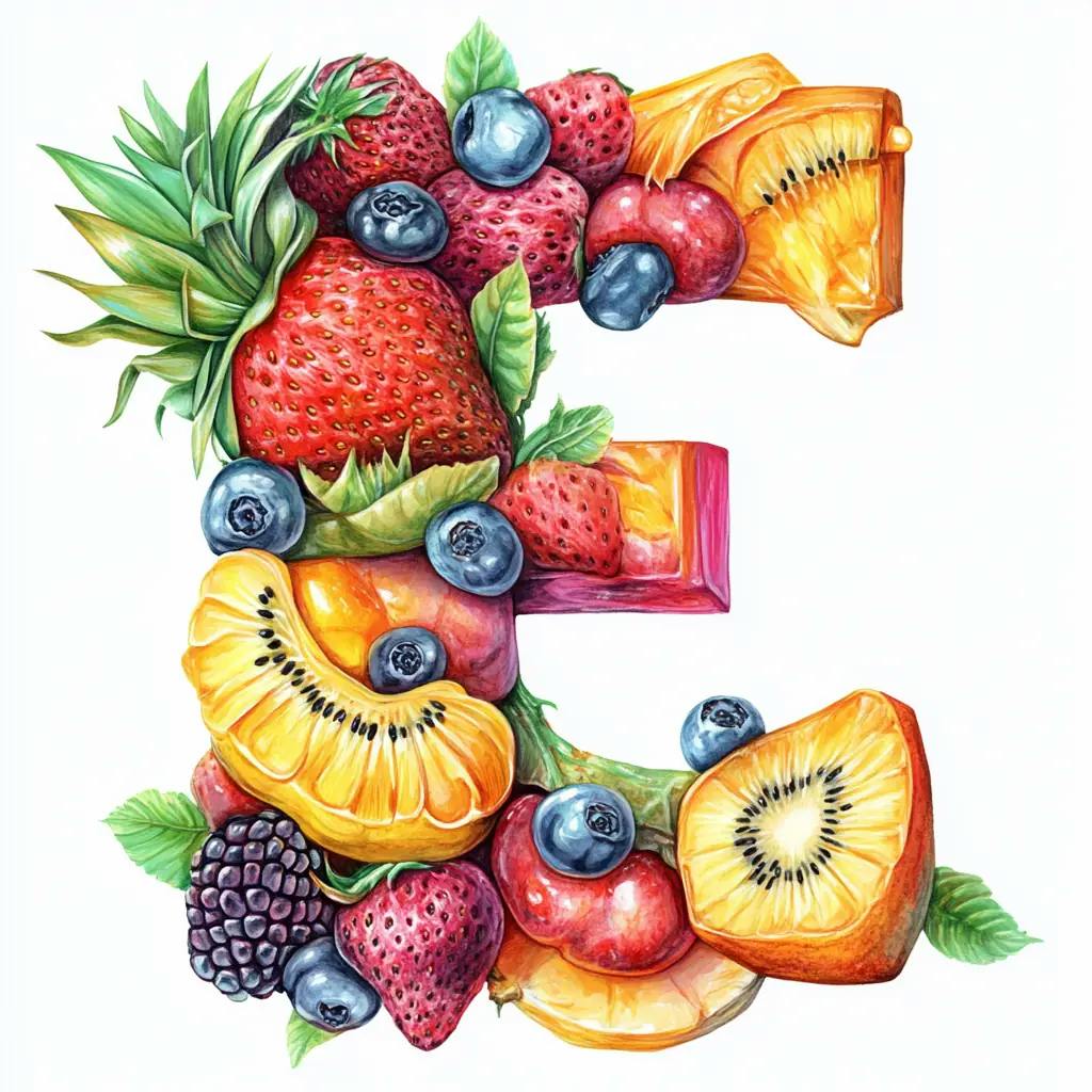 Buchstabe E aus Obst geformt