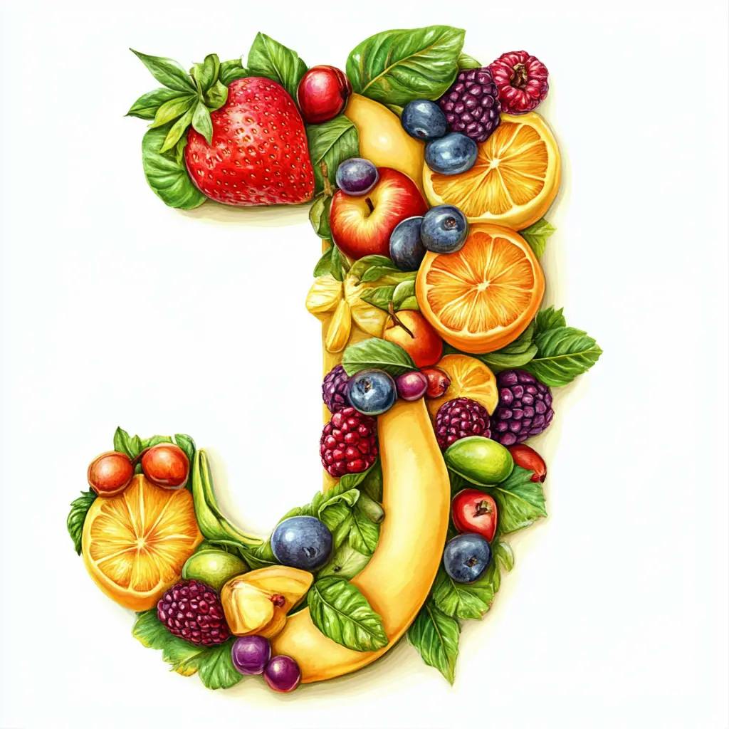 Buchstabe J aus Obst geformt