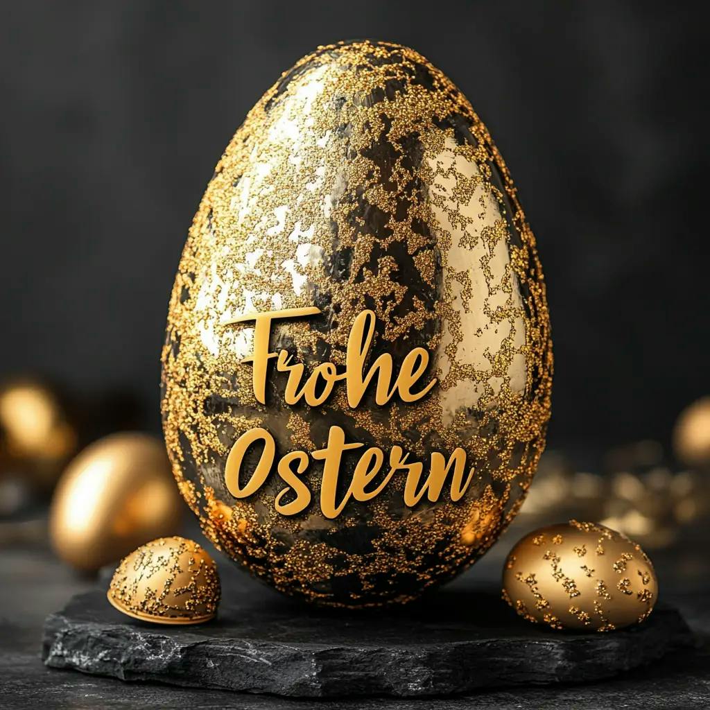 Moderne Osterkarte im minimalistischen Design: Goldener Hase auf weißem Hintergrund mit dem Spruch 'Frohe Ostern'