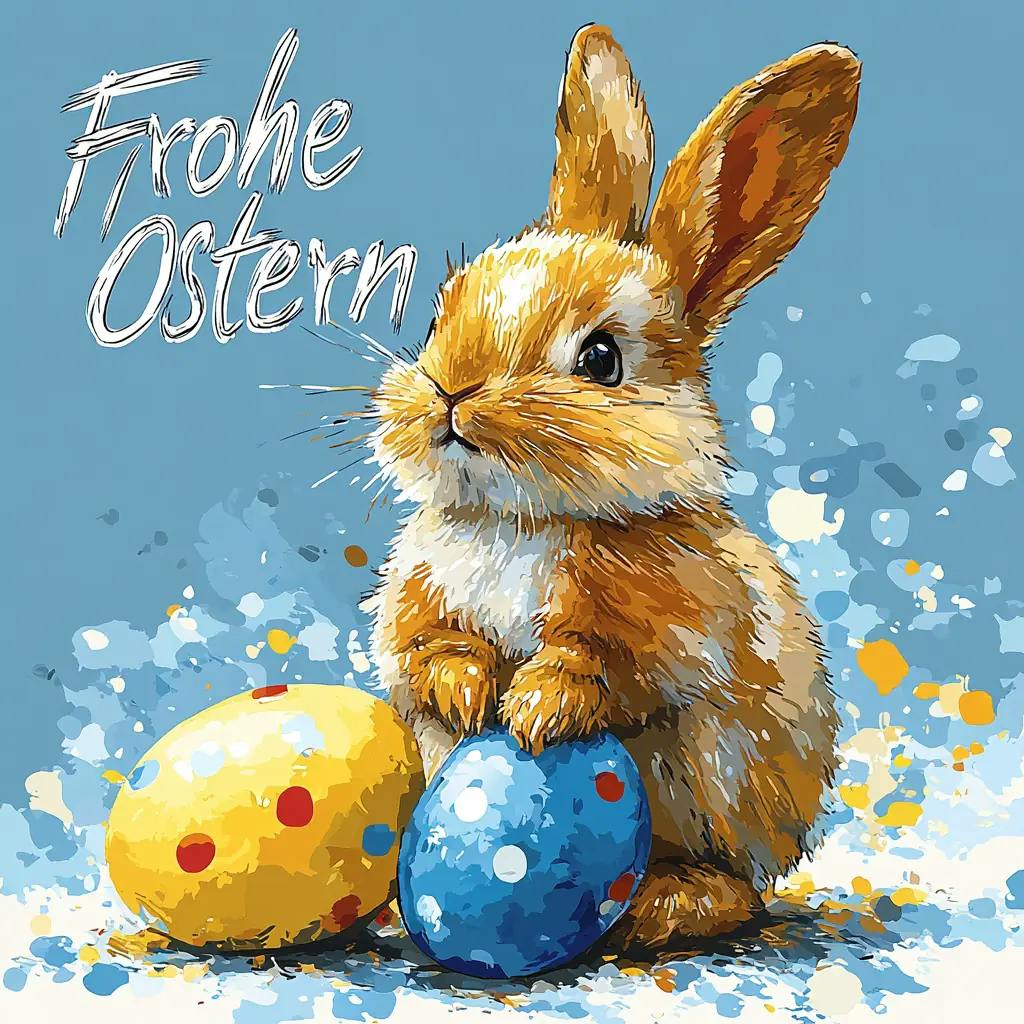 Lustige Osterkarte mit bunten Ostereiern und frechem Hasen, der aus einem Nest zwinkert - Perfekt für WhatsApp Grüße
