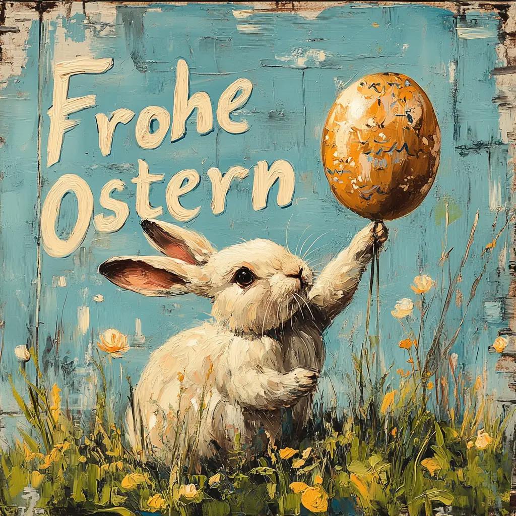Handgemaltes Oster-Aquarell mit Frühlingsblumen, Osterhasen und versteckten Eiern im grünen Gras für kreative Ostergrüße