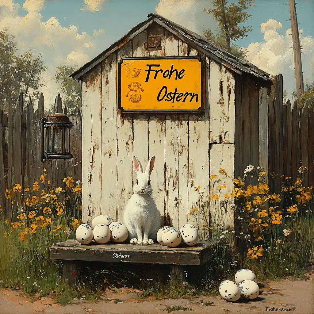 Festliche Osterdekoration mit Ostereiern, Frühlingsblumen und handgeschriebenem 'Frohe Ostern' Text auf rustikalem Holzhintergrund