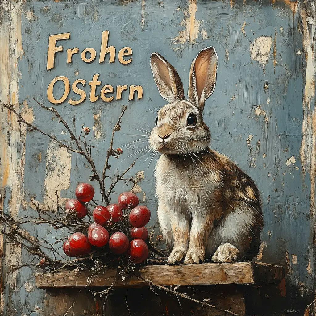 Humorvolle Osterkarte im Retro-Stil mit Baby-Häschen und dem Spruch 'Frohe Ostern'