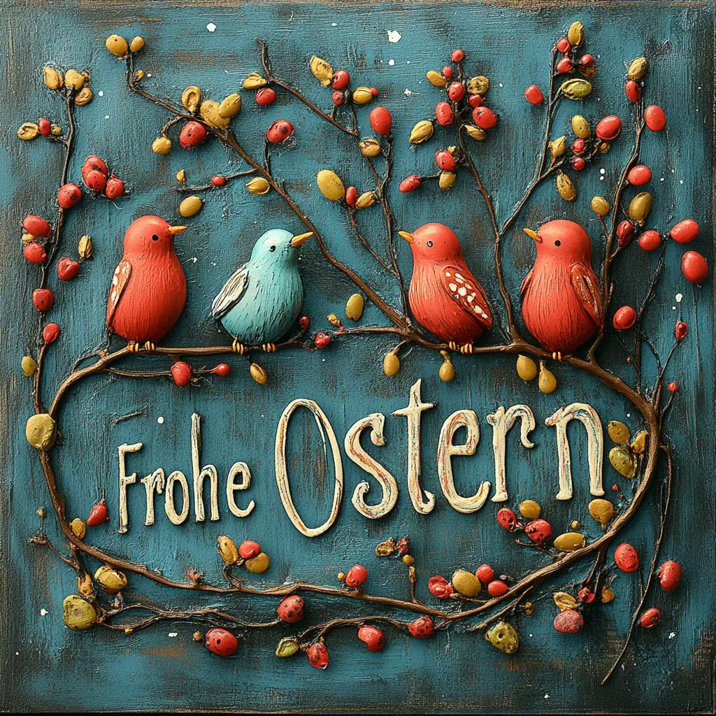 Naturinspirierte Osterkarte mit echten Weidenkätzchen, bunten Ostereiern und kalligrafischem 'Frohe Ostern' Schriftzug