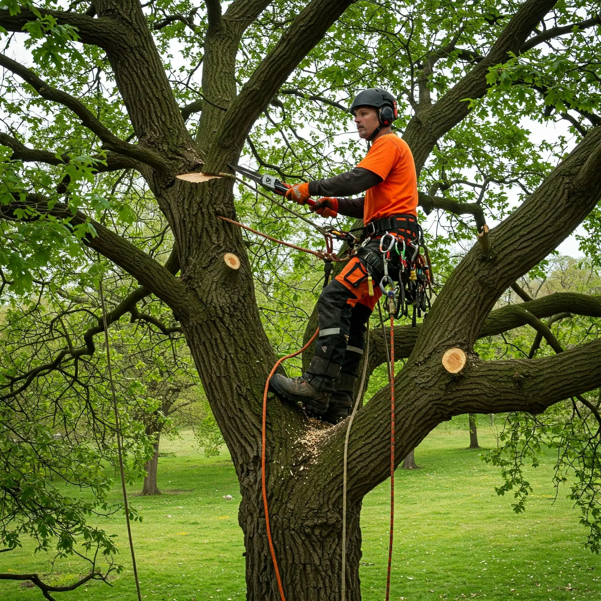 Ein professioneller Baumpfleger in einem grünen Park, der einen Baum mit einem Sägewerk schneidet.