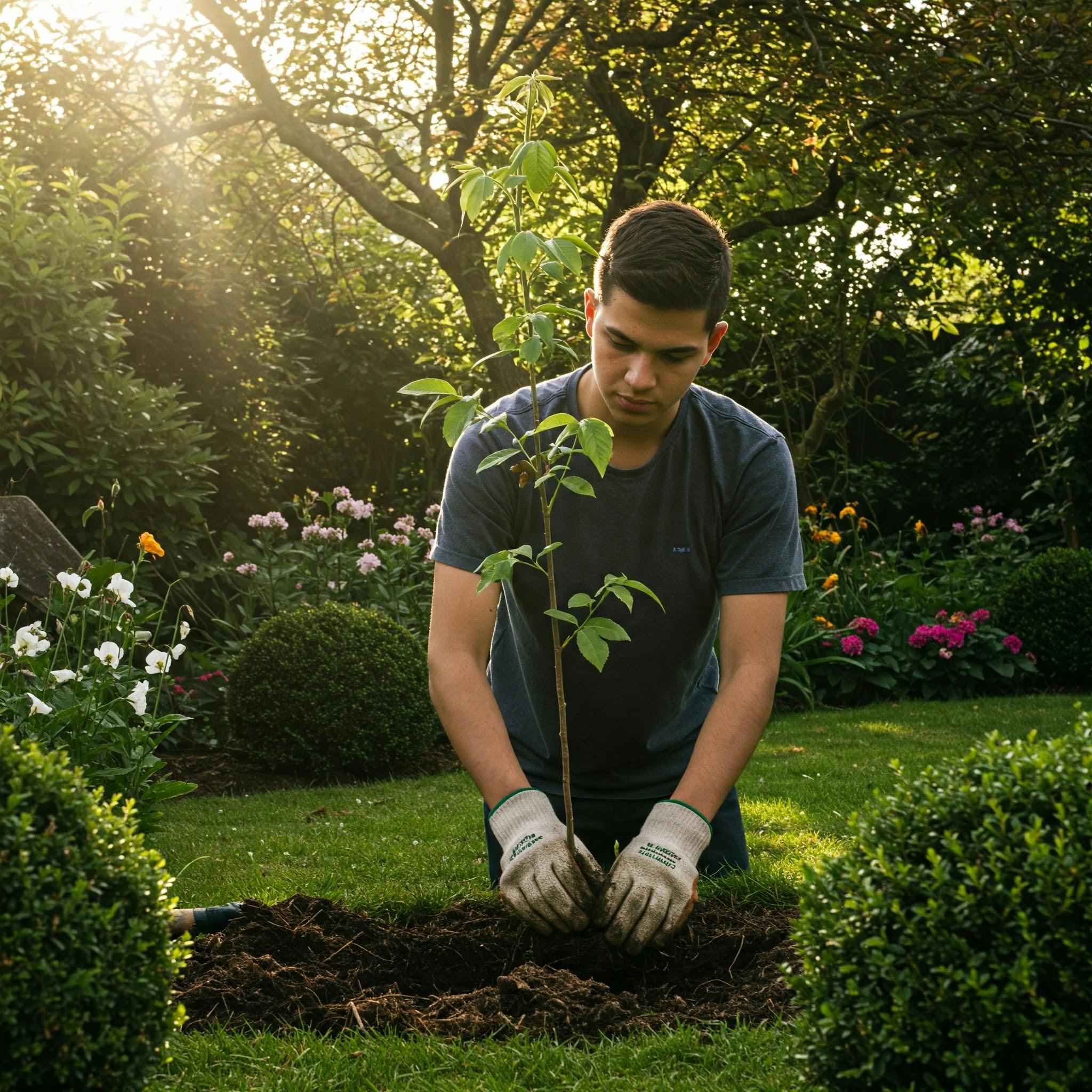 Ein junger Mann mit kurzen, dunklen Haaren und einem entschlossenen Blick pflanzt sorgfältig einen jungen Baum in einen sorgfältig gepflegten Garten. Er trägt ein einfaches, dunkelgraues T-Shirt und bequeme Gartenhandschuhe, während er den Setzling sorgfältig in die Erde positioniert.