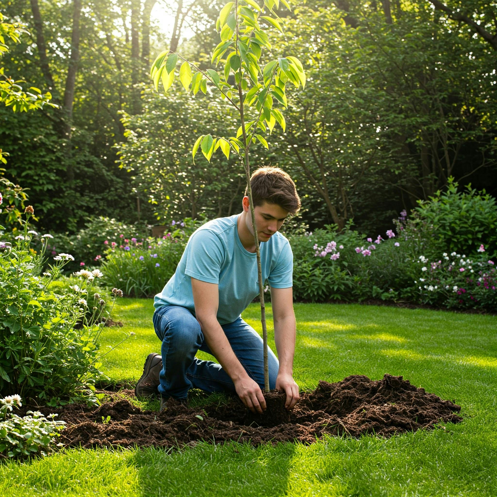 Ein junger Mann mit lockigem, hellbraunem Haar, der ein einfaches T-Shirt und Jeans trägt, pflanzt einen kleinen Baum in einem üppigen, grünen Garten. Er hält den Baum mit Sorgfalt, und sein Gesicht zeigt ein Gefühl von Entschlossenheit und Zielstrebigkeit. Der Garten ist mit einer Vielzahl von bunten Blumen und Pflanzen gefüllt.