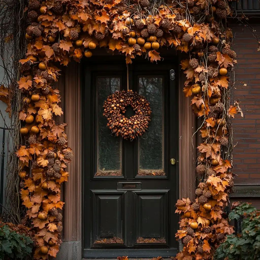 Bild eines dekorierten Hauseingangs in herbstlichen Farben.
