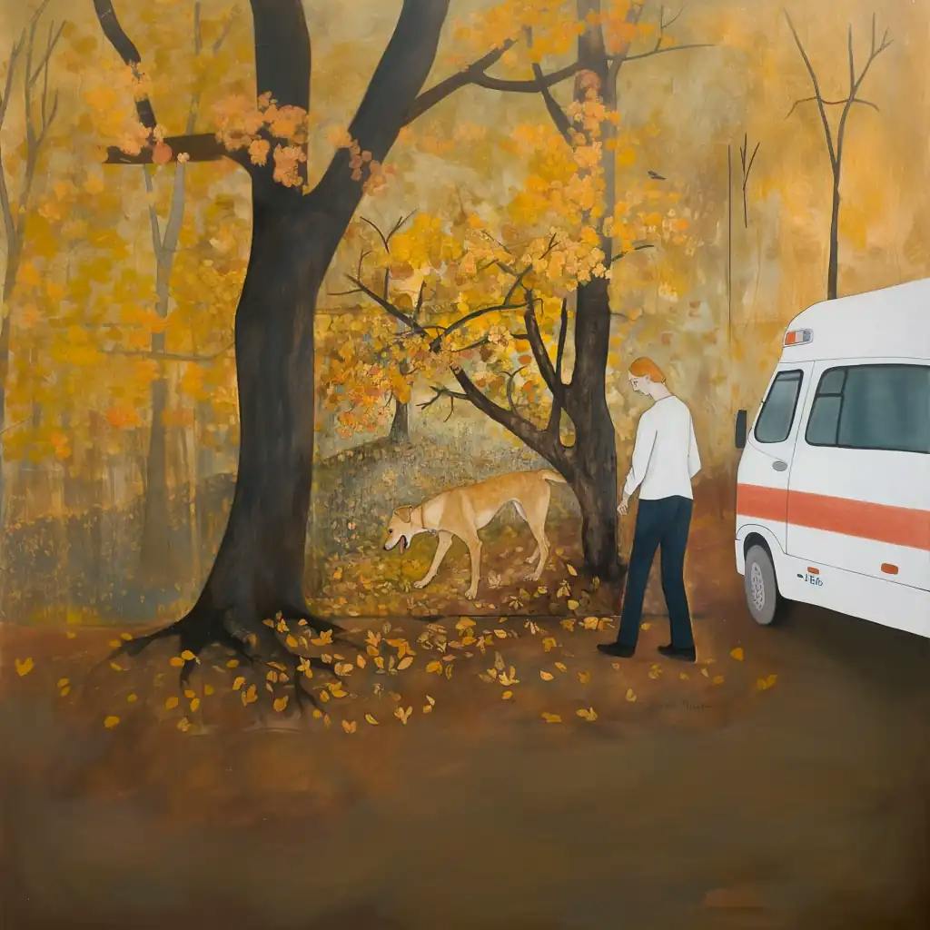 Eine Illustration eines Hundes mit Besitzer beim Gassi gehen im Herbstwald. Tierarzt wurde verständigt.