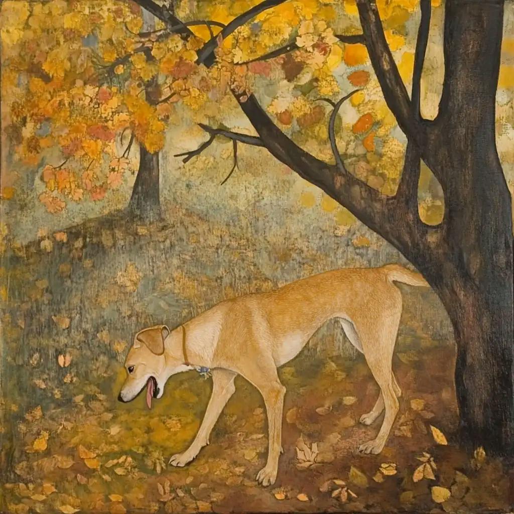 Eine Illustration eines Hundes im Herbstwald, der eine Kastanie gegessen hat.