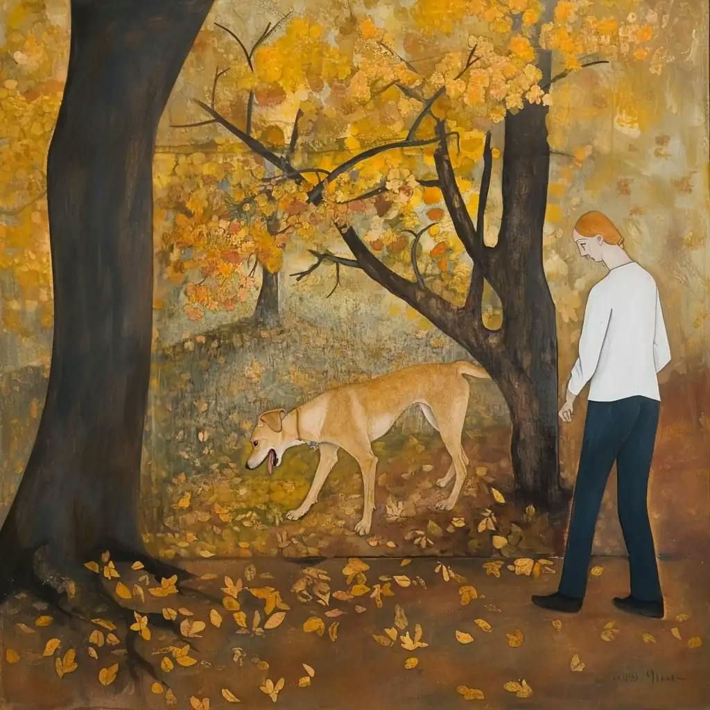 Eine Illustration eines Hundes mit Besitzer beim Gassi gehen im Herbstwald.