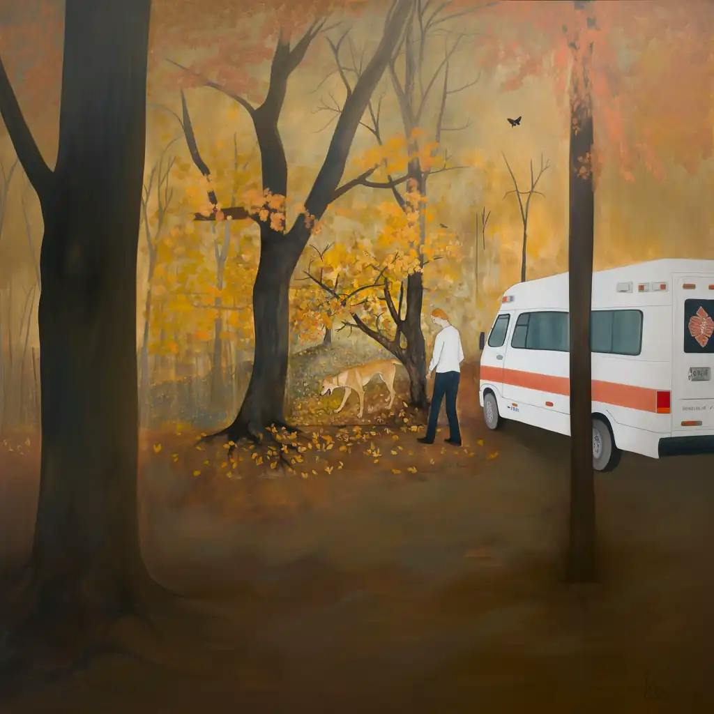 Eine Illustration eines Hundes mit Besitzer beim Gassi gehen im Herbstwald. Tierarzt wurde verständigt. Dem Hund geht es gut.