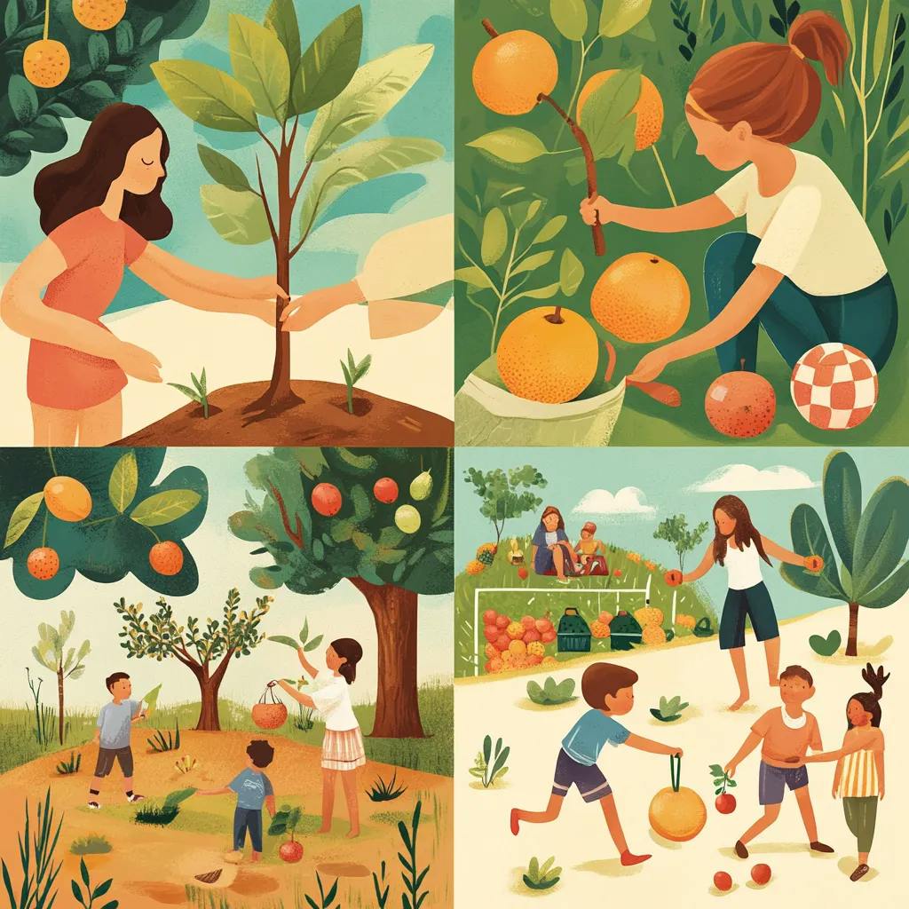 Eine warme, einladende Collage aus vier verbundenen Quadranten: 1) Hände beim Einpflanzen eines jungen 

Baumes mit zuschauenden Kindern, 2) verschiedene Menschen unterschiedlichen Alters bei der gemeinsamen Arbeit in einem Gemeinschaftsgarten, 3) fröhliche Kinder beim Spielen in natürlicher Umgebung mit Sportgeräten, und 4) regionales Obst von Obstbäumen. Das Bild sollte weiches, natürliches Licht und Erdtöne haben, die ein Gefühl von Gemeinschaft und lokalem Engagement vermitteln. Fotorealistischer Stil mit leichtem Warmfilter für eine einladende Atmosphäre. Die Komposition sollte klar und modern sein, geeignet für einen Website-Header.