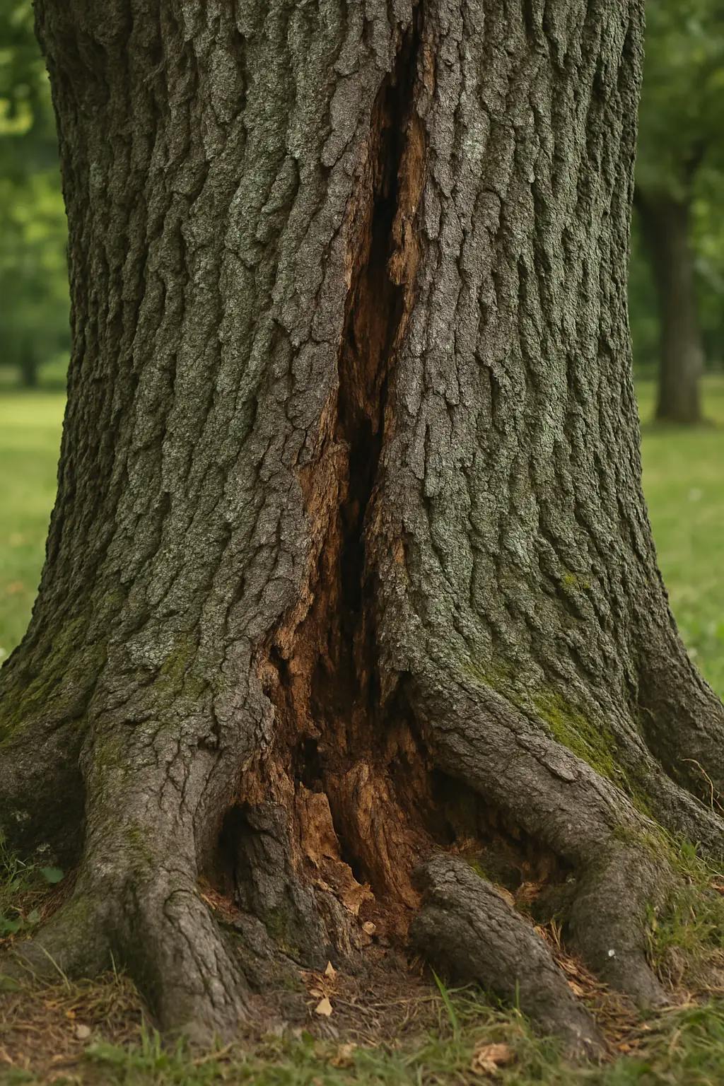 Nahaufnahme eines alten Baumes mit deutlich sichtbaren Rissen und morschen Stellen am Stamm.