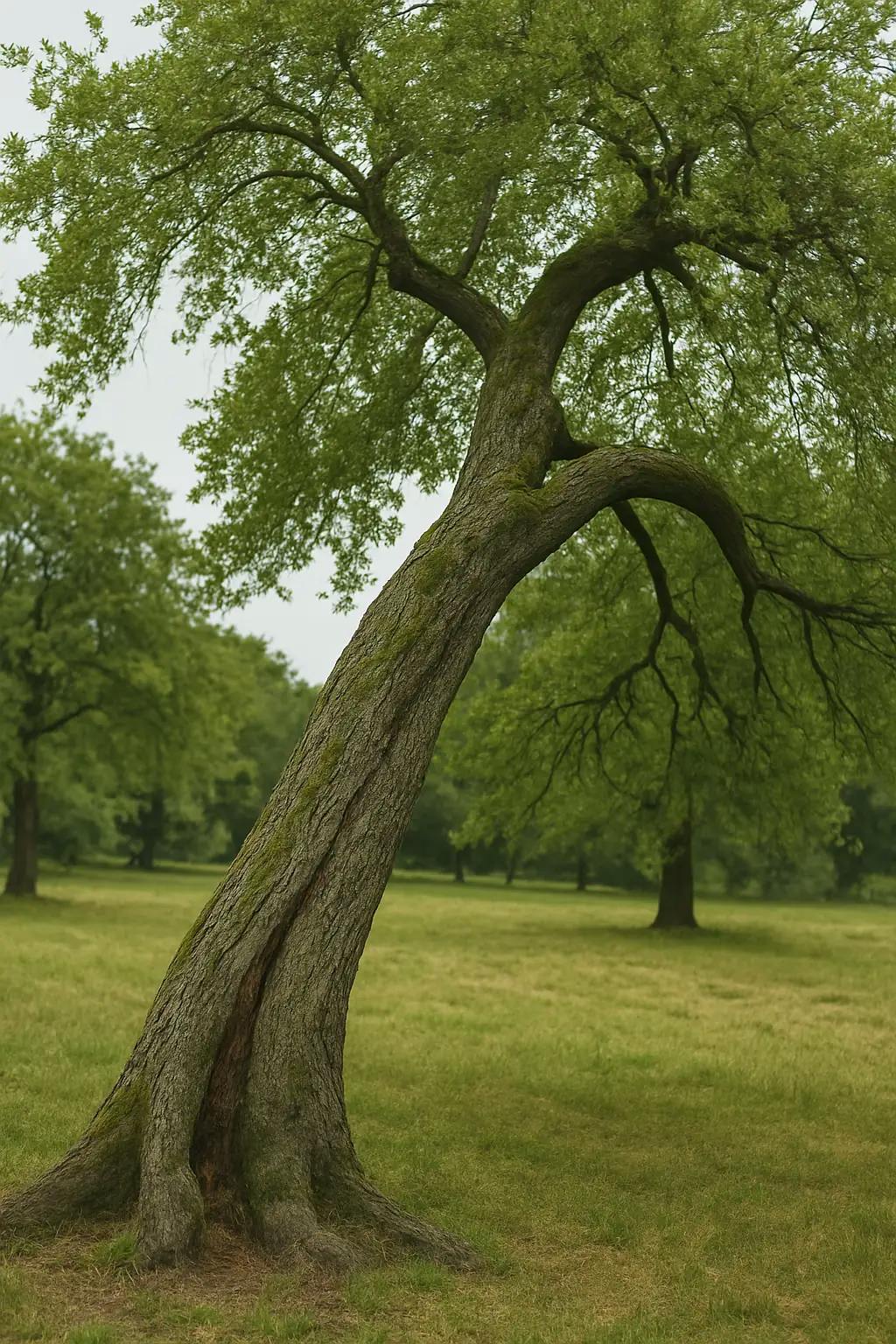 Ein alter Baum, der sichtbar schräg steht und droht umzufallen.