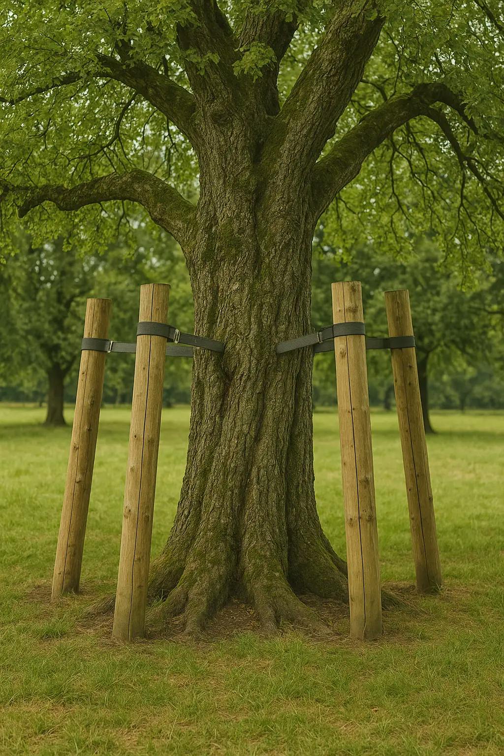 Robuste Holzpfähle, die rund um einen großen alten Baum angebracht wurden, verbunden mit Gurten.